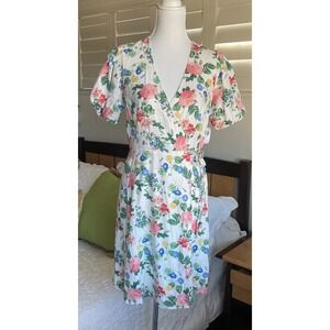 OLD NAVY White Floral Linen Blend Puff Sleeve True Wrap Dress M Tall Cottagecore